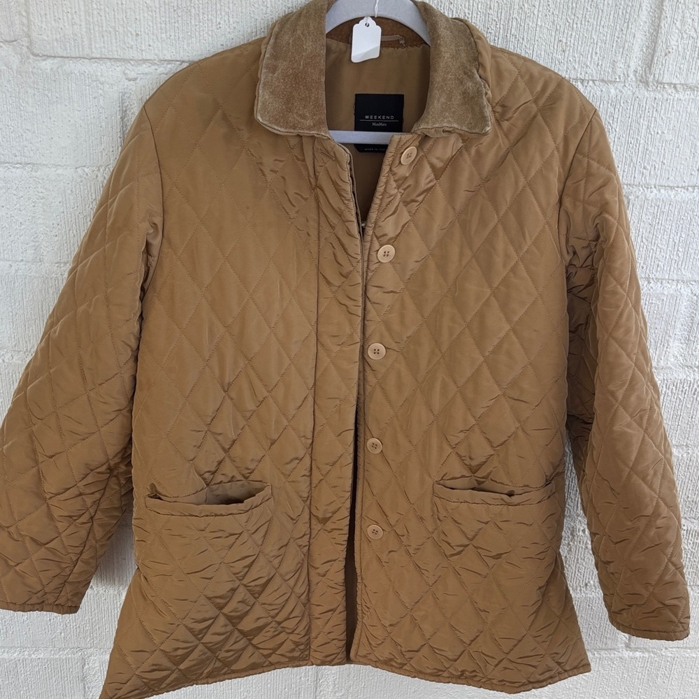 MaxMara Weekend Quilted Tan Suede Leather Collar Jacket sz L